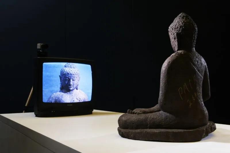 Nhan June Paik's [TV Buddhas series](https://www.youtube.com/watch?v=MVwR1n0IZAs)